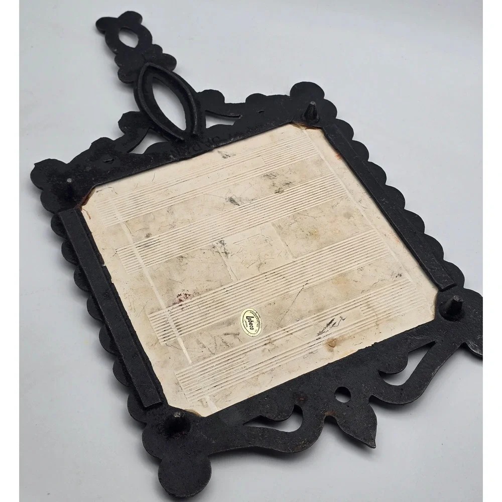 Vintage Lobeco Wall Clock Cast Iron Trivet 10.5in White Tile Retro Floral Japan